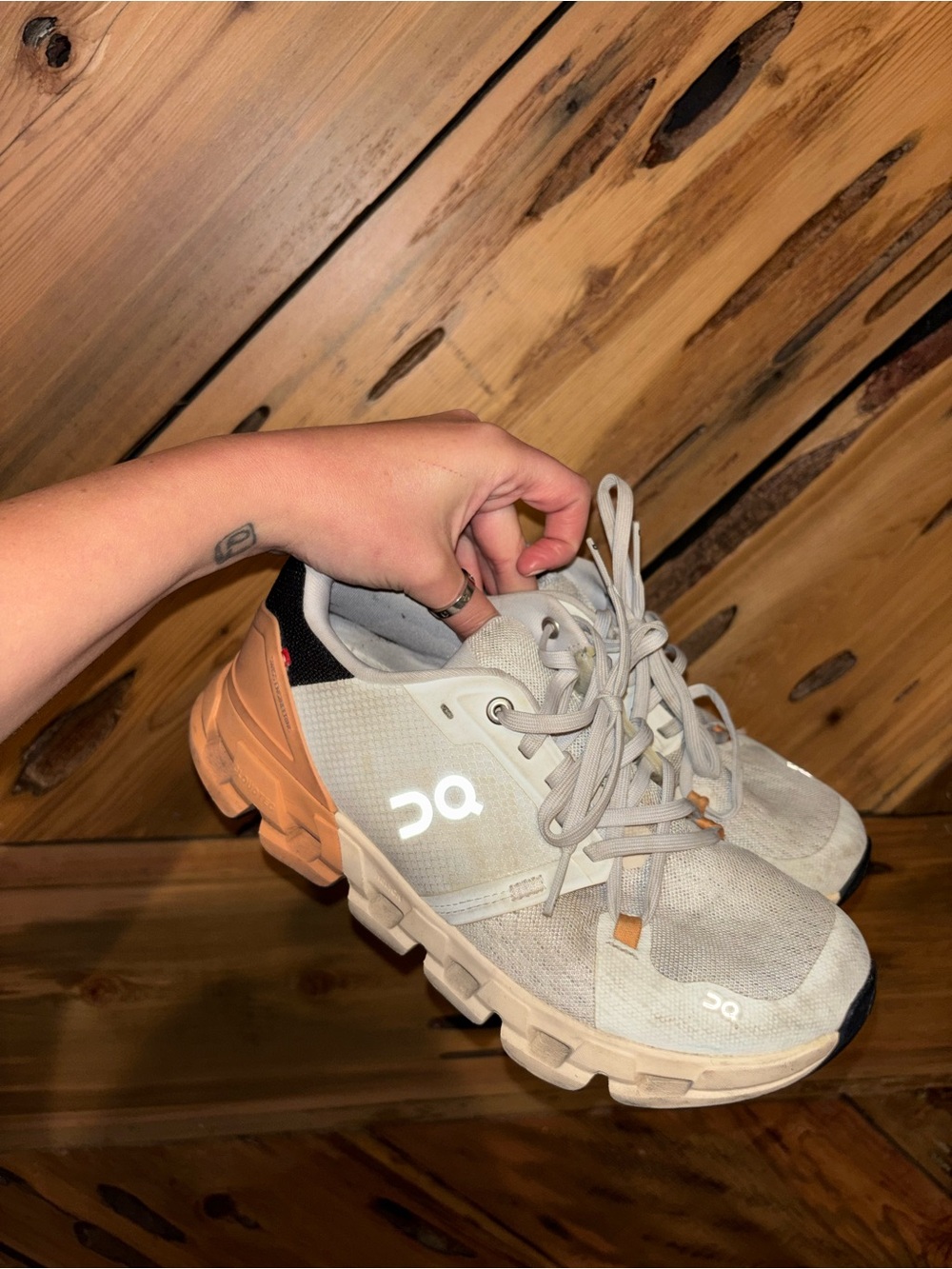 On Cloud Women's Sneakers in Light Gray with Peach and Orange Accent